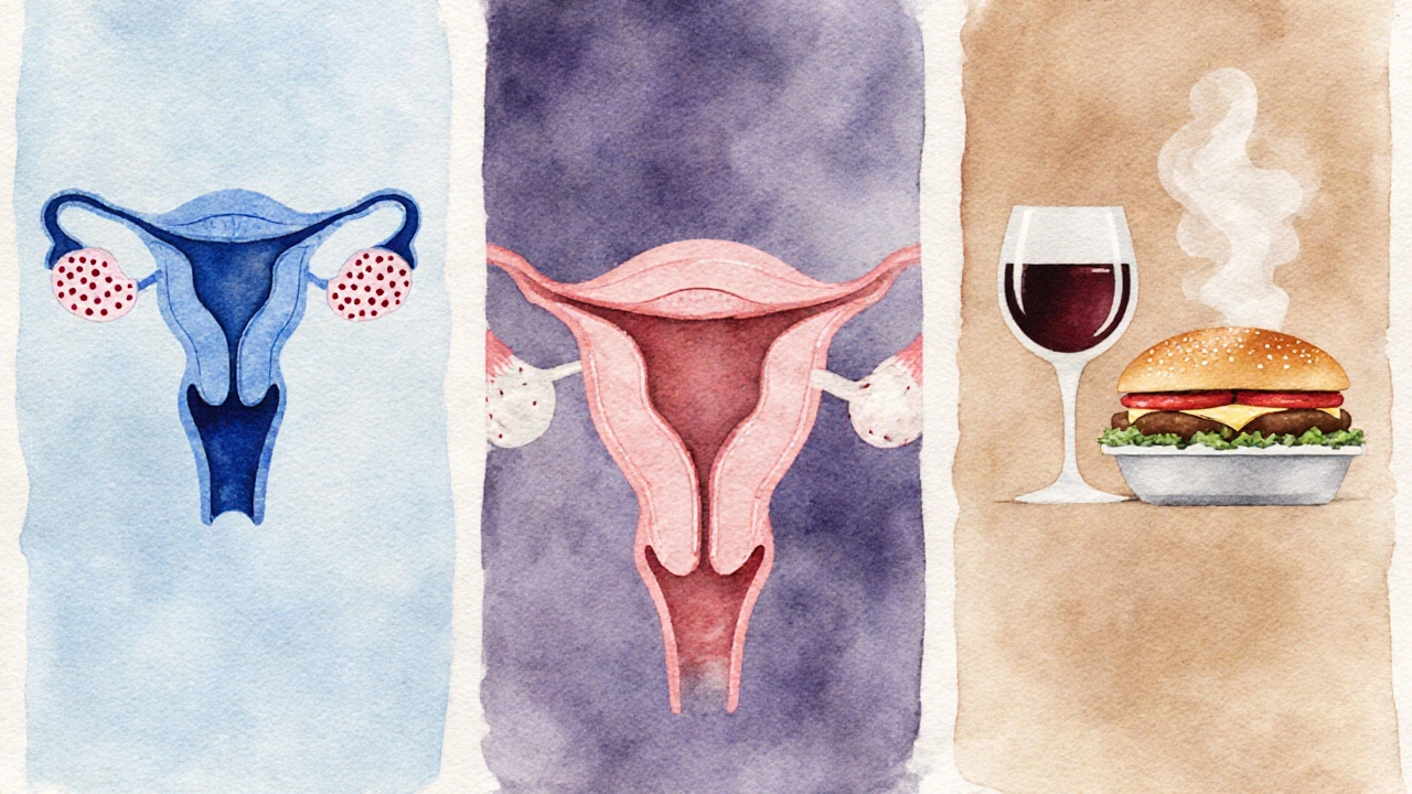 Akvarelová ilustrace tří panelů: PCOS a štítná žláza, endometrióza a varikokéla, cigareta, víno a fast‑food.