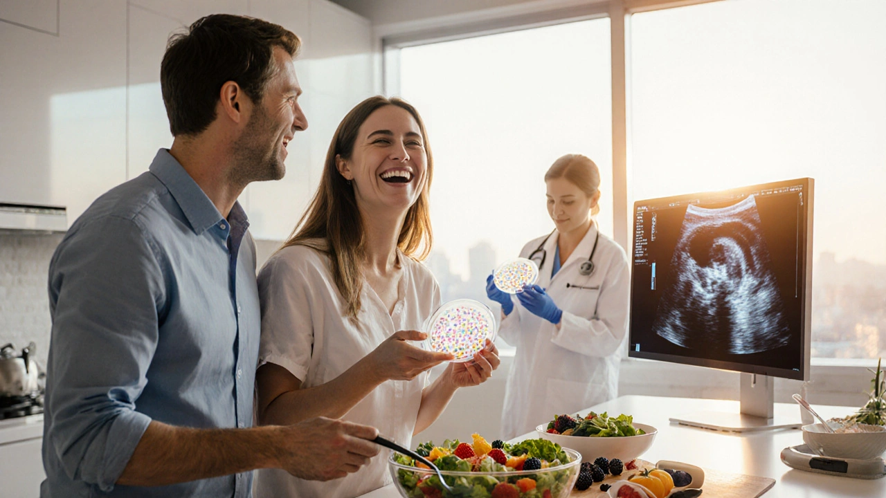 Digitální scéna: pár připravuje zdravý salát, za nimi laboratoř s embryem a ultrazvukem, sluneční svit dodává naději.
