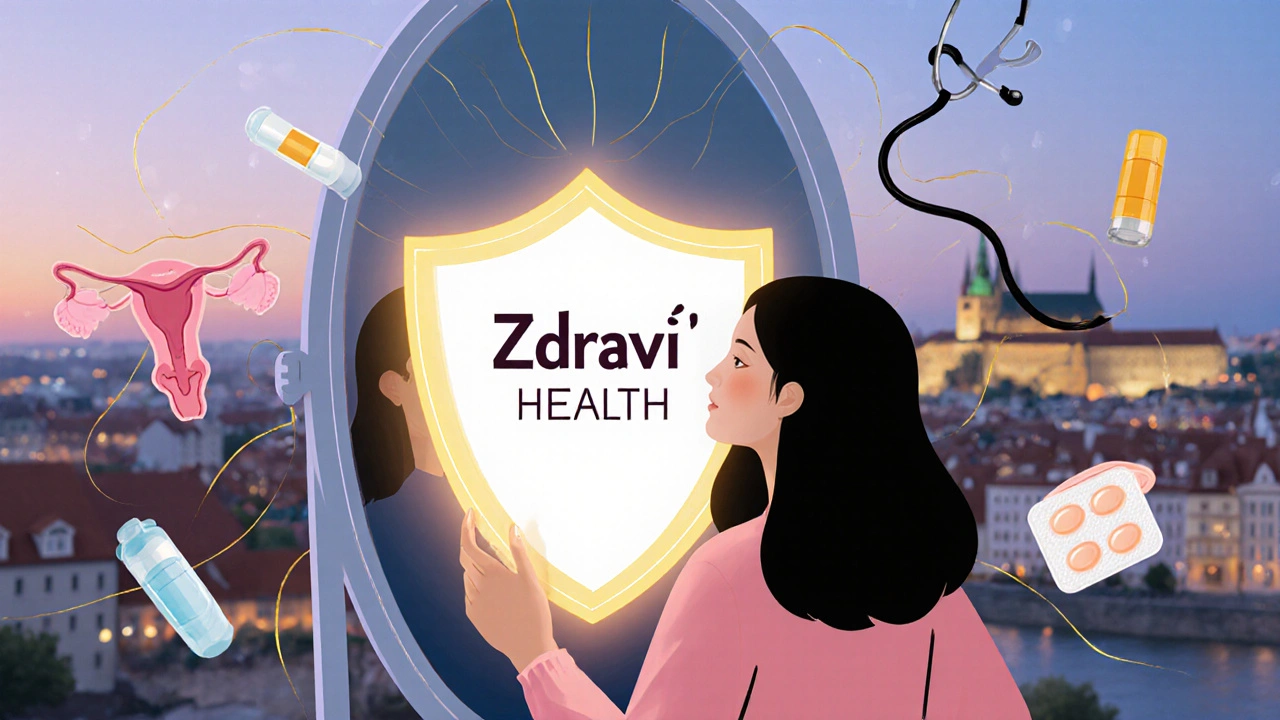 Dívka ve zrcadle vidí ochranný štít zdraví, symbolizující péči o sebe.