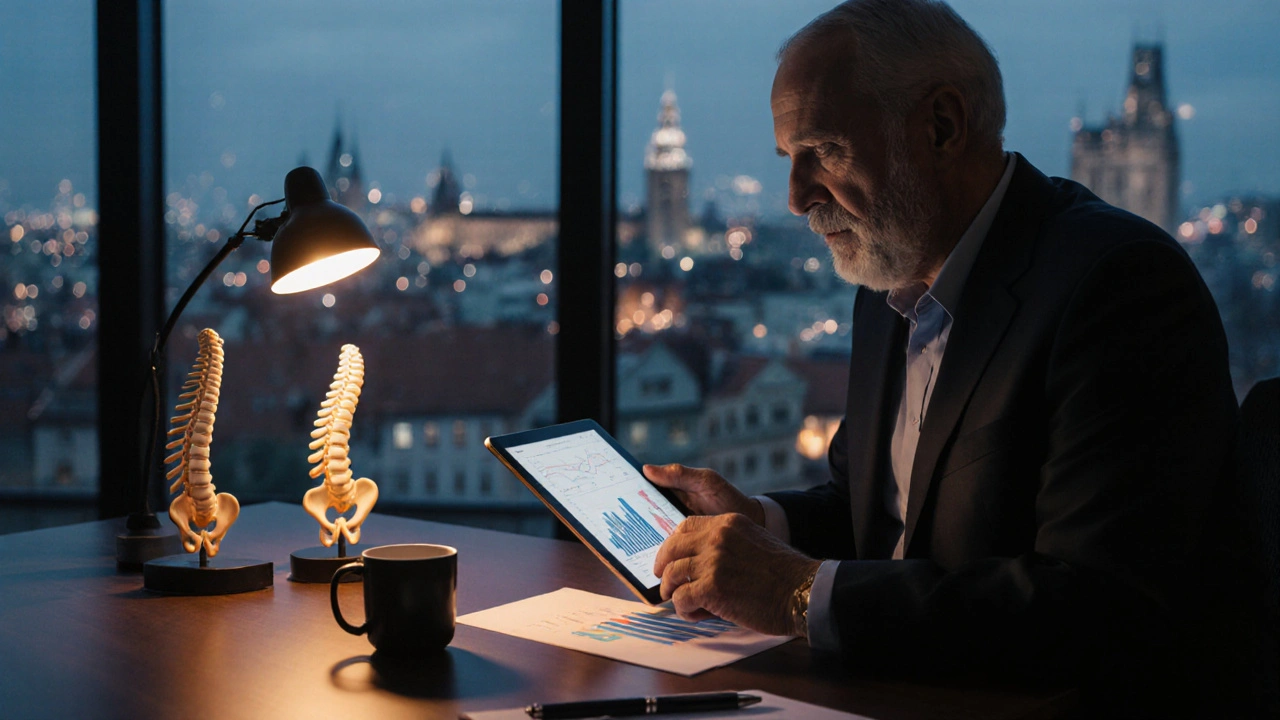 Doktor v soukromé ordinaci večer kontroluje tablet u okna s noční Prahou v pozadí.