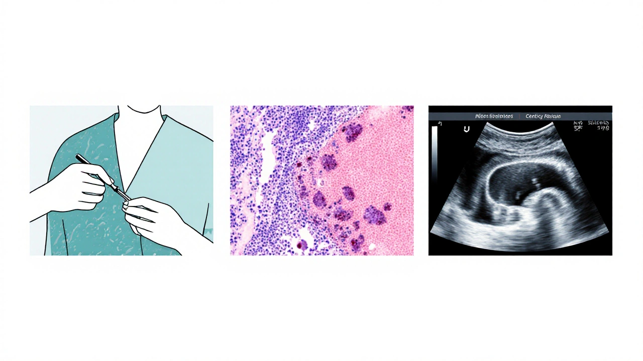 Ilustrace tří kroků gynekologického vyšetření: speciál, citologický snímek, ultrazvuk.