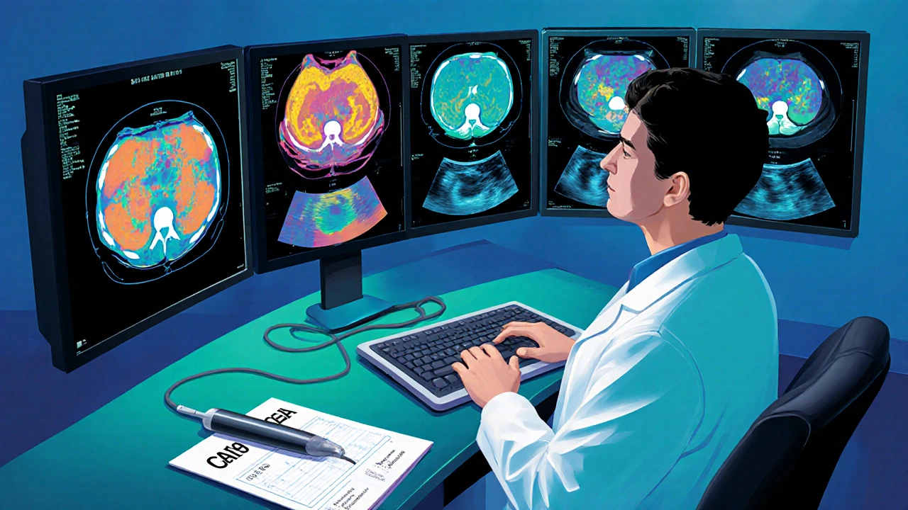 Lékař kontroluje CT, MRI a ultrazvukové snímky břicha v moderní radiologii.