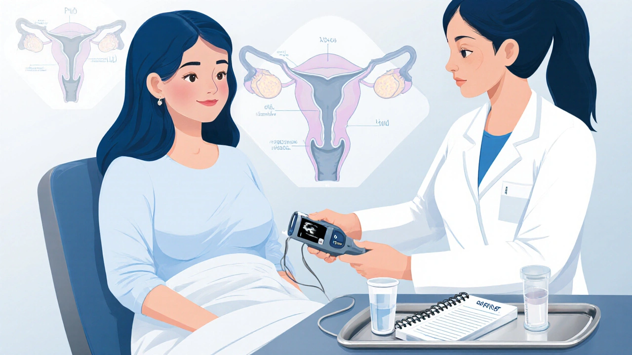 Lékařka provádí vyšetření: Pap test, ultrazvuk a kontrolu reprodukčních orgánů v klinické místnosti.