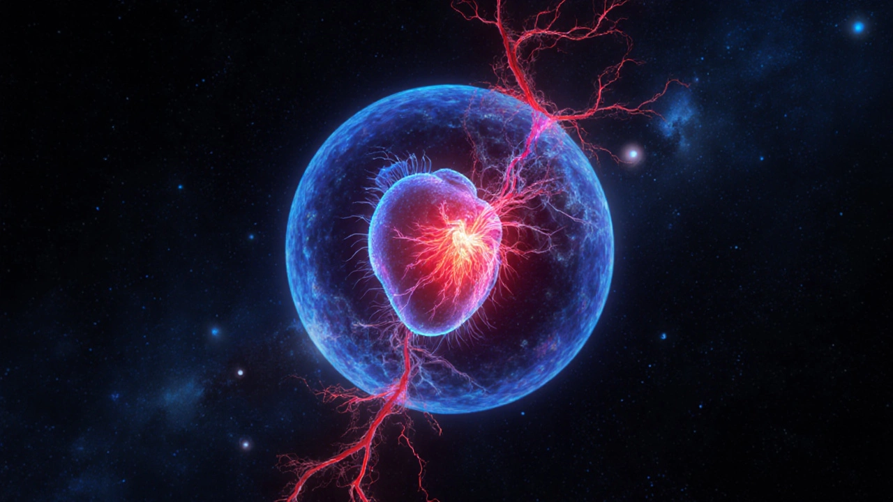 Mikroskopický pohled na embryon s pulsujícím srdcem a krevními cévami v děloze.