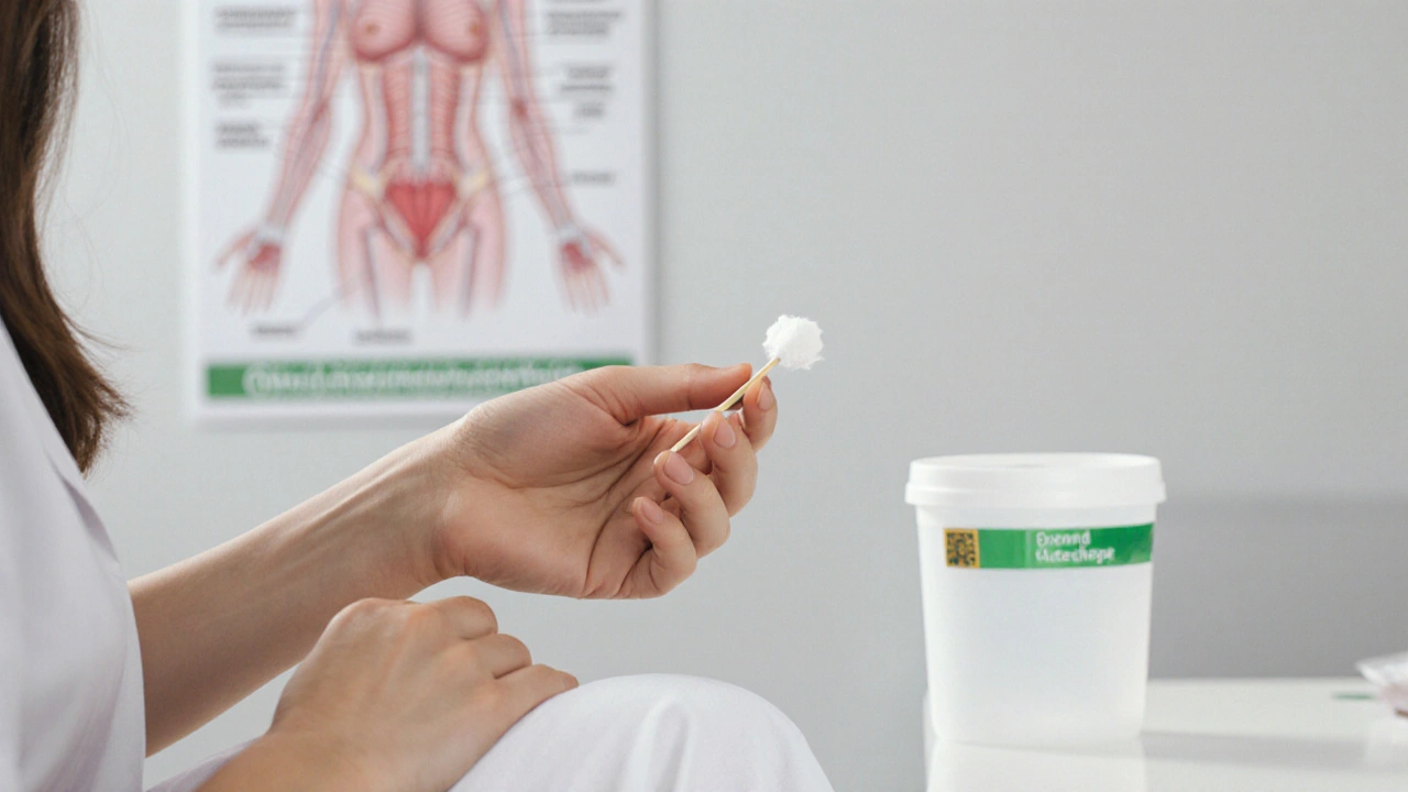 Ruka mladé ženy drží vzorek pro test, klidně a sebejistě.