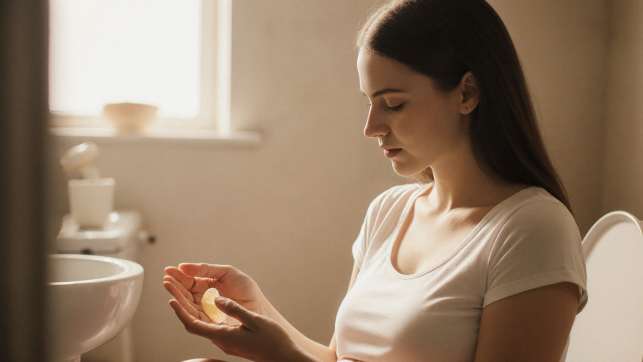 Těhotná žena klidně pozoruje čípek v ruce.