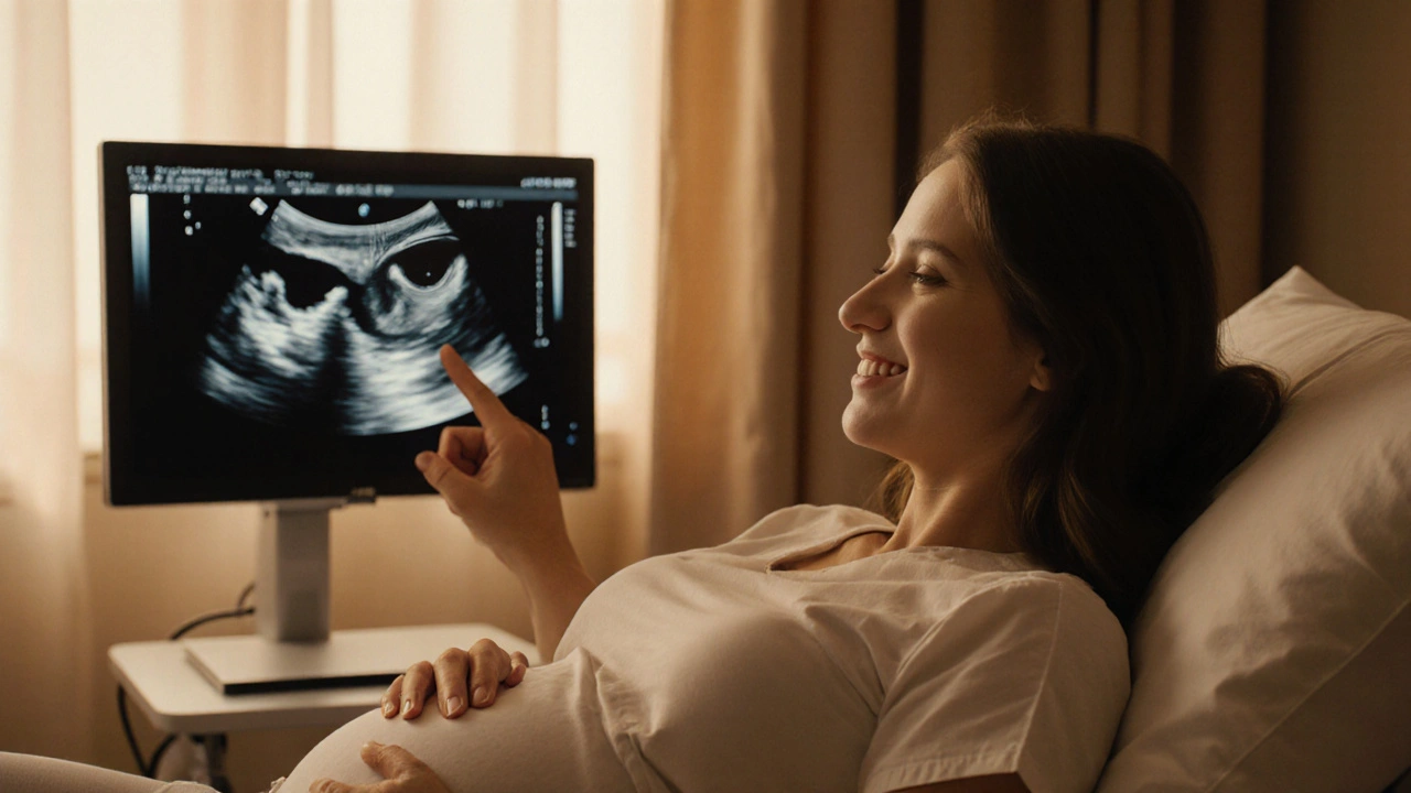 Těhotná žena sleduje ultrazvukový obraz dvou srdíček dvojčat s lékařem.