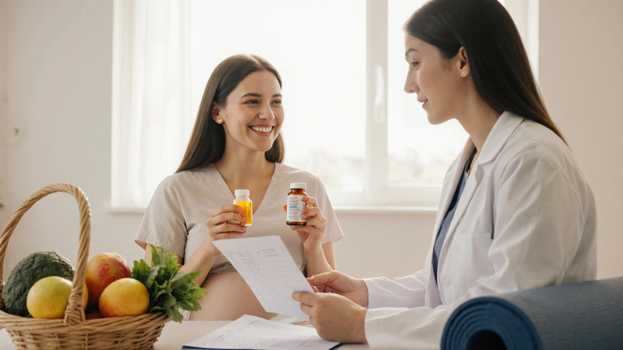 Těhotná žena v klinice s vitamíny, čerstvým jídlem a lékařem.