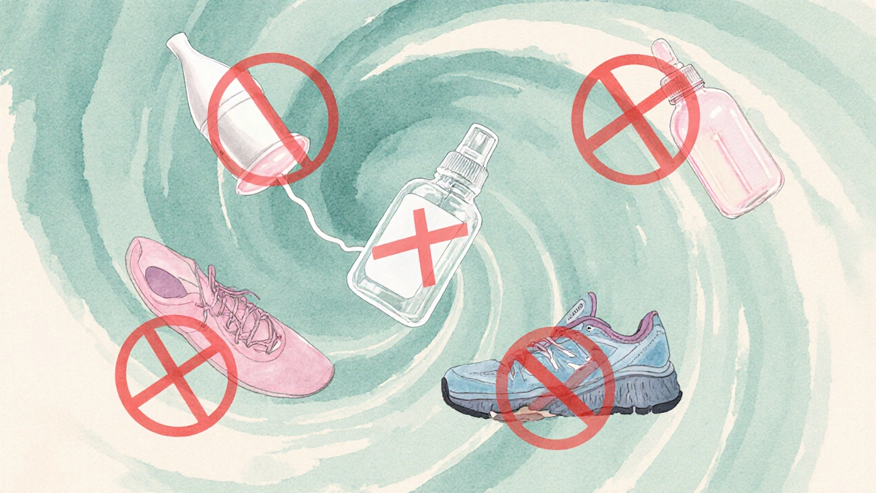 Vodařová ilustrace zakázaných předmětů – tampon, lubrikant, douching, pilulky a sportovní boty s červeným znakem zákazu.