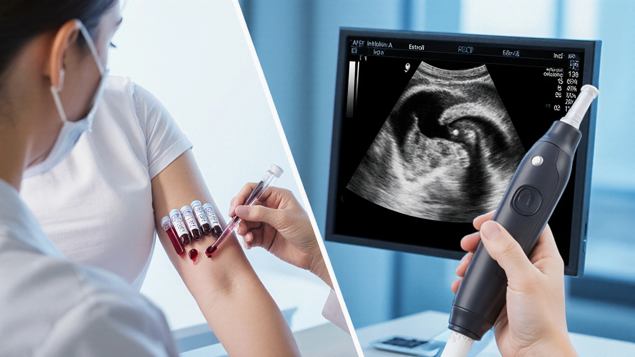 Zdravotní sestra odebírá krev a sonograf ukazuje detailní ultrazvuk plodu.