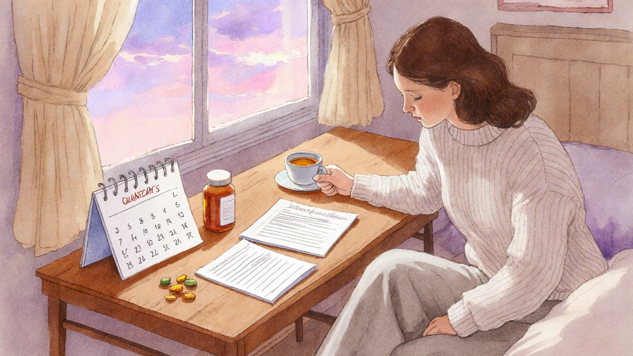 Žena doma připravuje seznam otázek a kalendář před návštěvou.