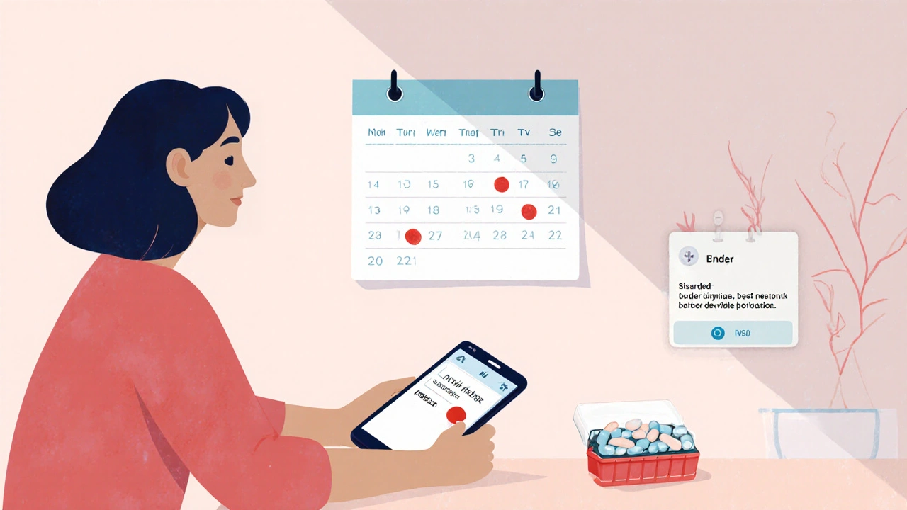Žena kontroluje svůj měsíční cyklus a připomíná užívání pilulky pomocí aplikace.