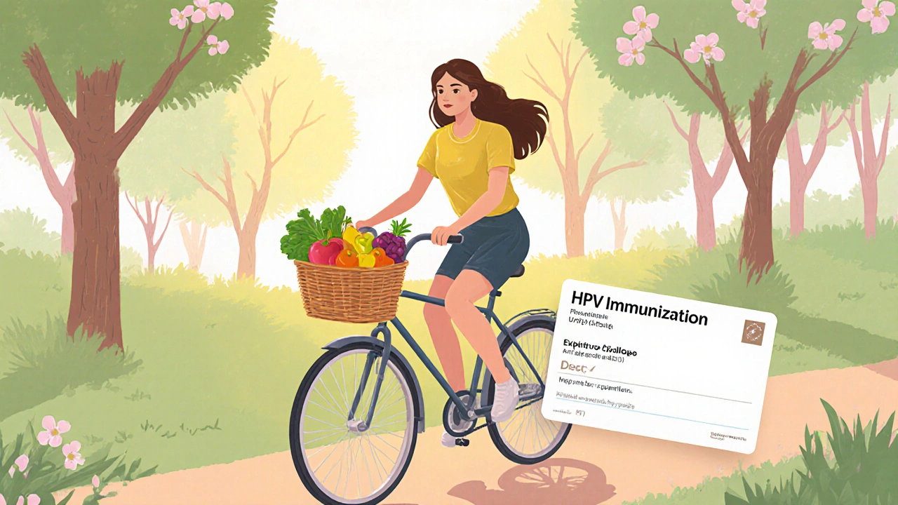 Žena u zdravého životního stylu a očkování proti HPV, symbolizováno vitamíny a vakcínou.