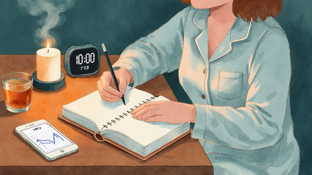 Žena zapisuje stres do deníku, vedle ní monitor srdeční variability a svíčka.