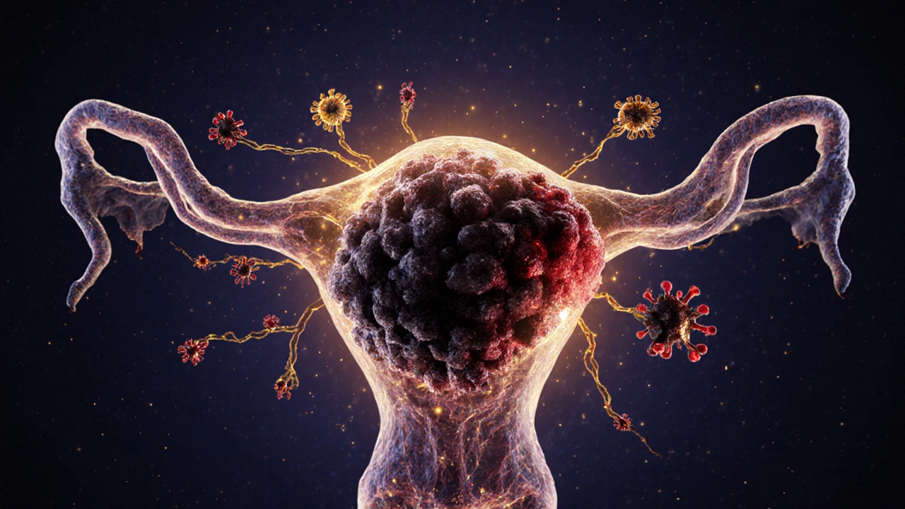 Abstraktní ilustrace nádorových buněk v pochvě s viry HPV v pozadí.