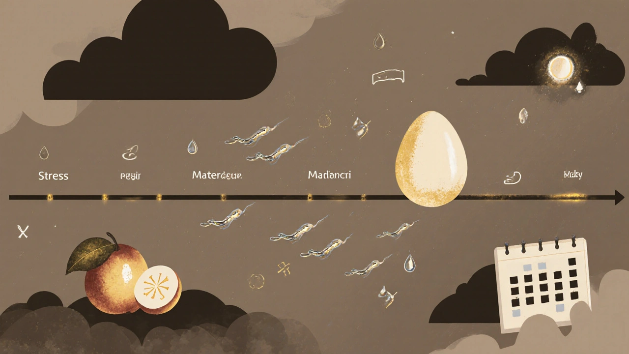 Abstraktní ilustrace plodného okna s spermie a vajíčkem v biologickém kontextu.