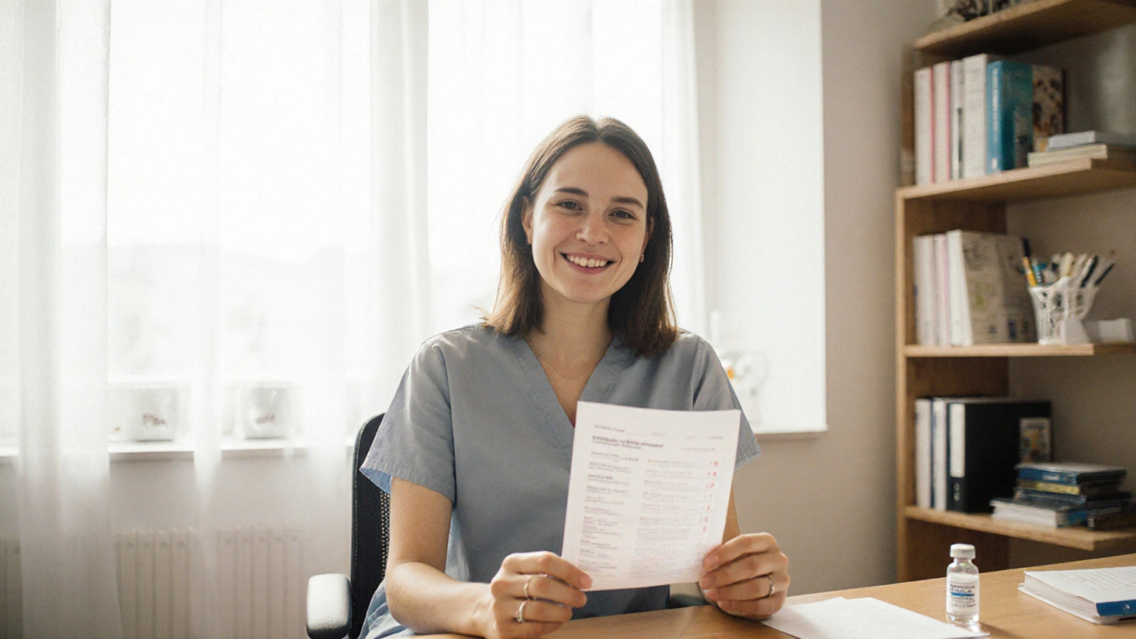Česká žena v gynekologické klinice v Brně s klidným výrazem a výsledkem Pap testu v ruce.