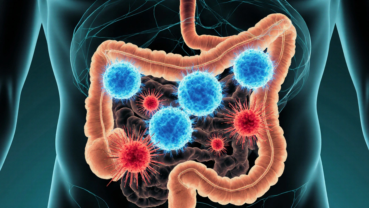 Ilustrace zdravého střevního mikrobiomu s probiotiky, které potlačují kvasinky.