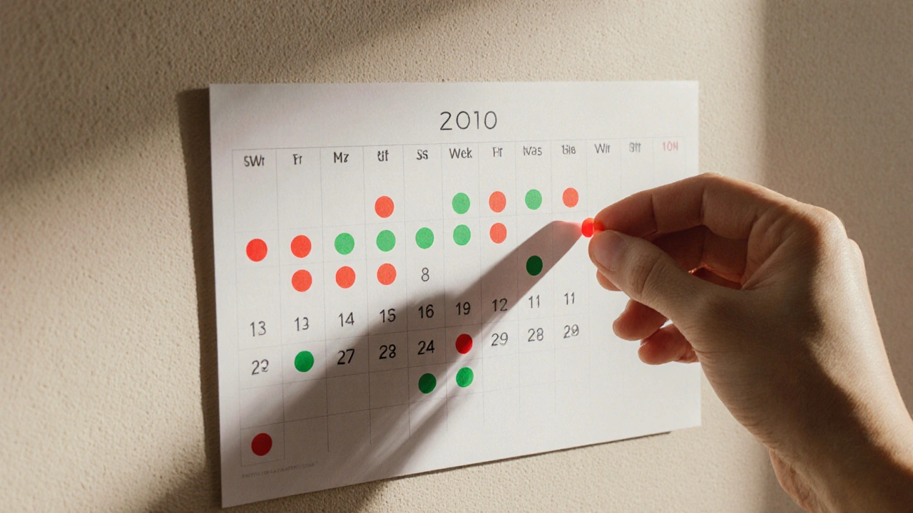 Kalendář s označenými dny nevolnosti a klidných dnů, ruka mazá červenou značku — znak úlevy od nevolnosti.