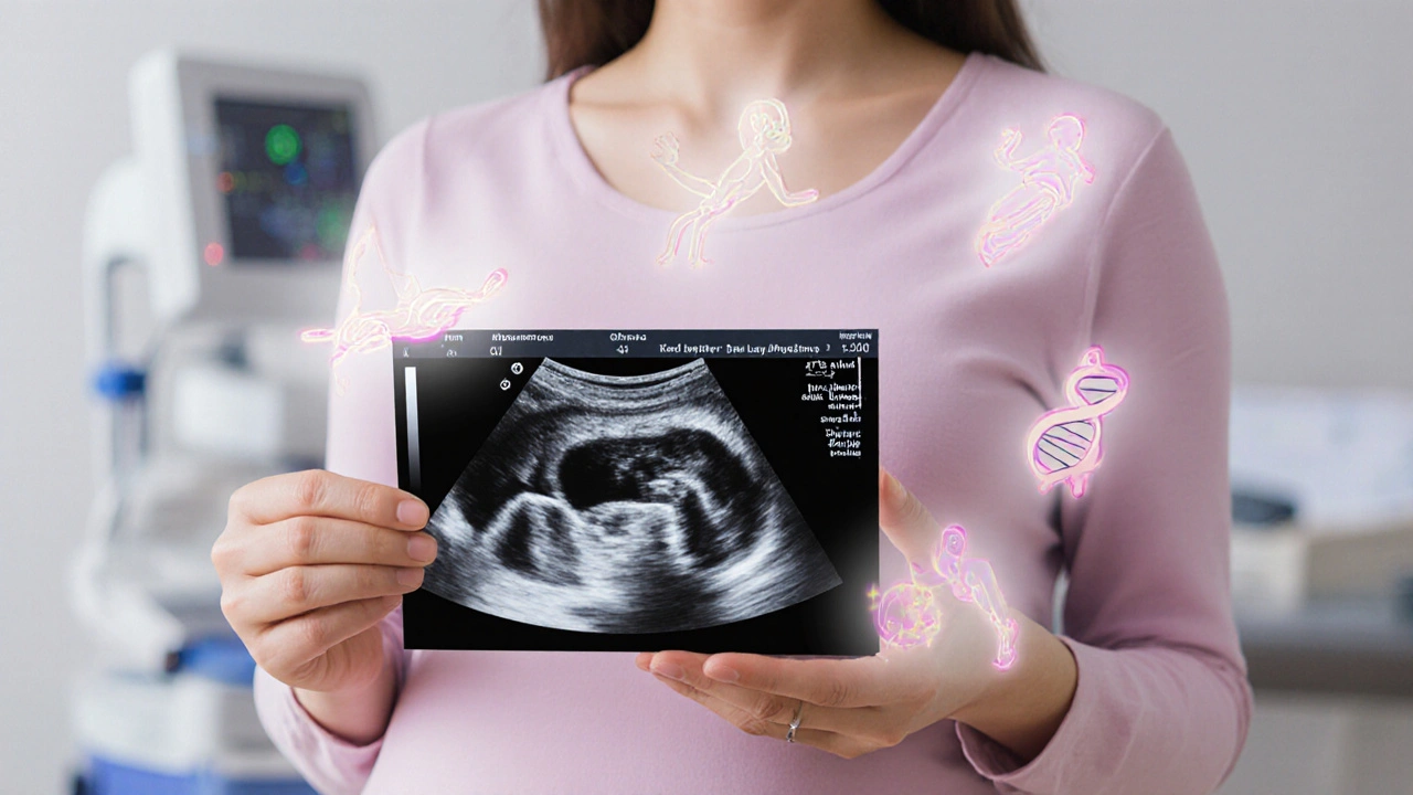 Koncepční ilustrace plodu s příznaky Downova syndromu a DNA v pozadí.