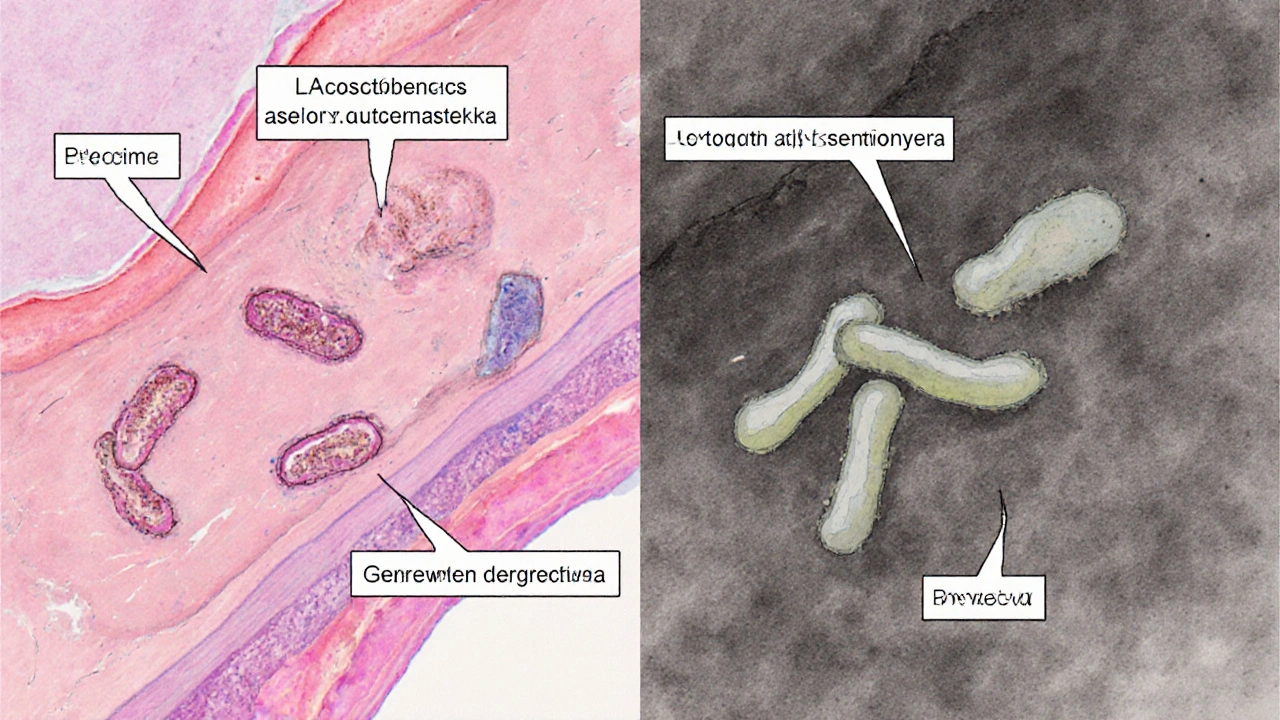 Microskopický pohled na zdravé a nezdravé bakterie ve vagíně.