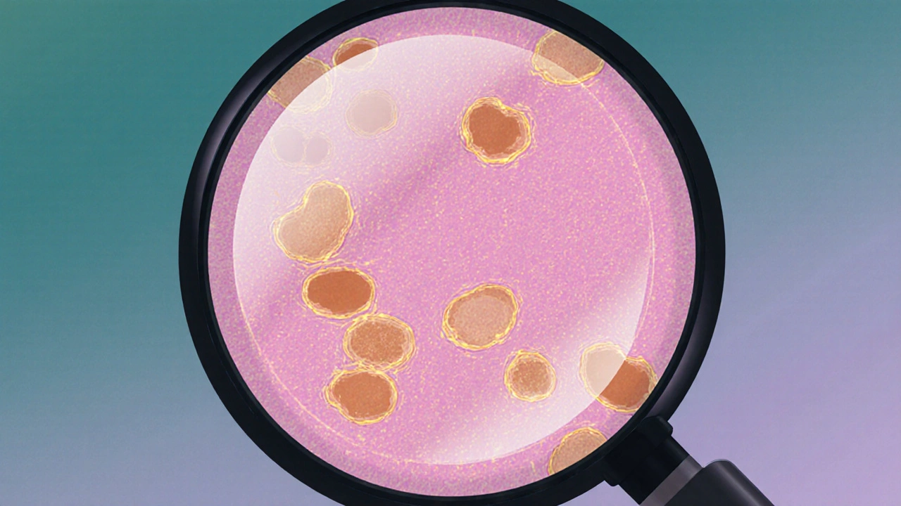 Mikroskopický pohled na buňky děložního čípku s viditelnými odlišnostmi.