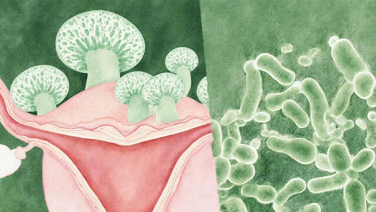 Mikroskopický pohled na houby Candida a prospěšné bakterie v rovnováze.