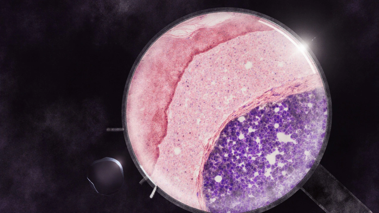 Mikroskopický pohled na změny buněk děložního čípku způsobené HPV.