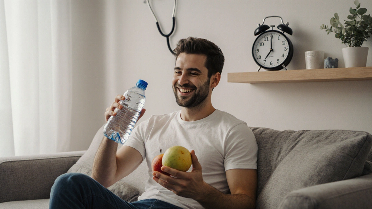 Muž pije vodu a jí ovoce, připravuje se na spermiogram v klidném prostředí.