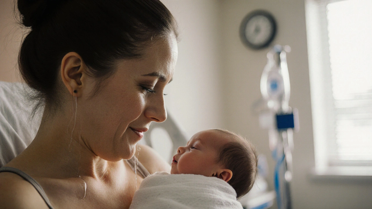 Novorozence drží matka na hrudi, obě pohled upřený na sebe, slzy a světlo rána v pozadí.