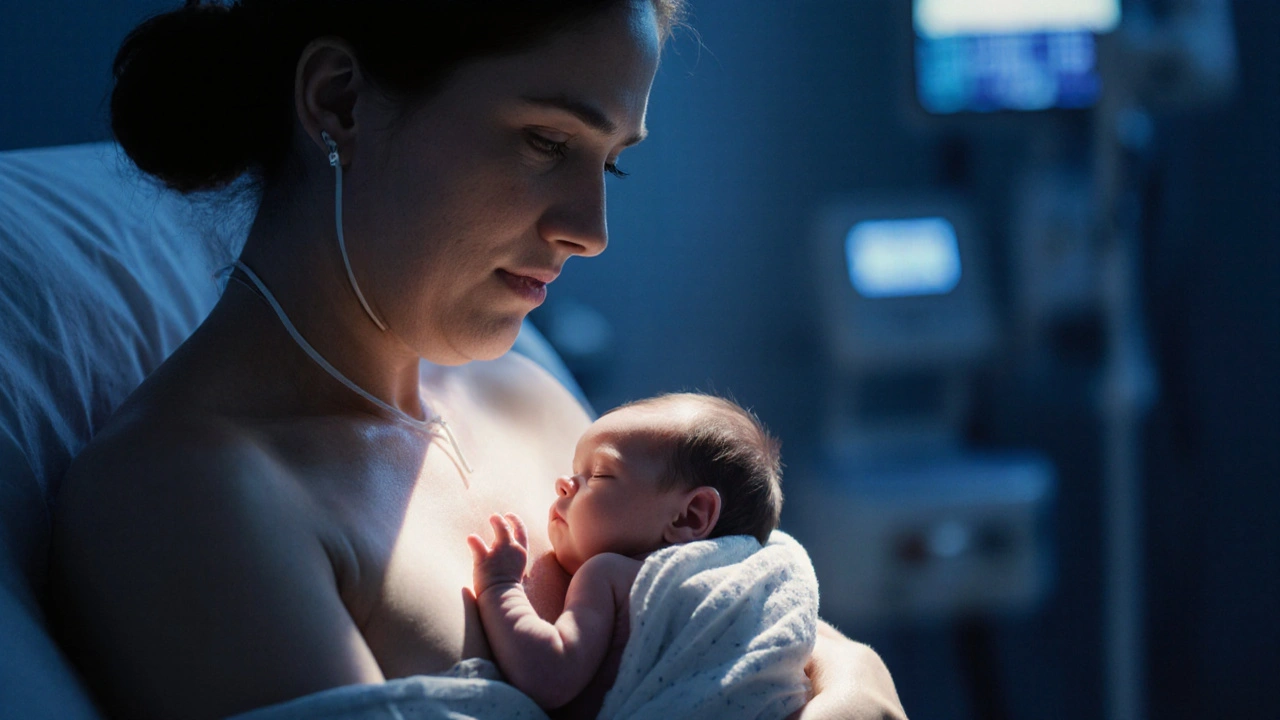 Novorozenecké dítě je drženo na hrudi matky hned po porodu.