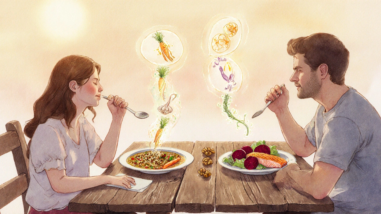 Pár si společně pojí oběd s čočkovou polévkou, lososem a červenou řepou v klidném prostředí.