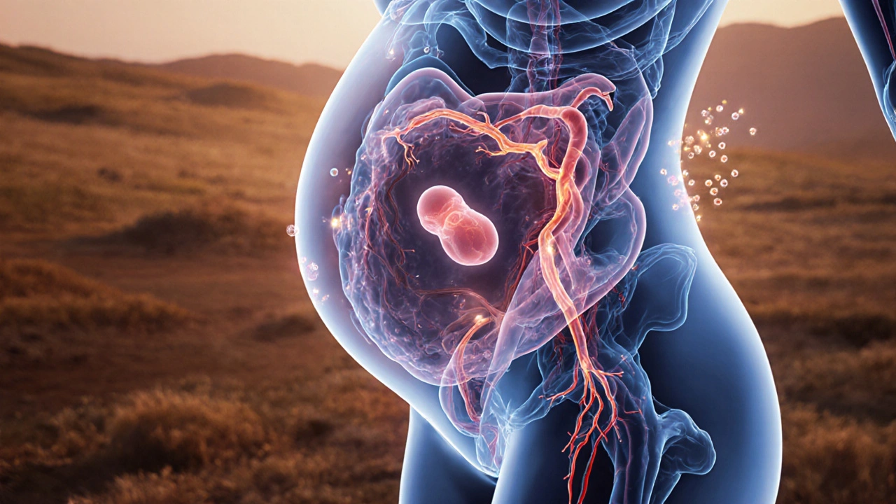 Průřez těhotné dělohy s kontrakcemi a plodem v plodové vodě, svítící částice oxytocinu v pozadí.