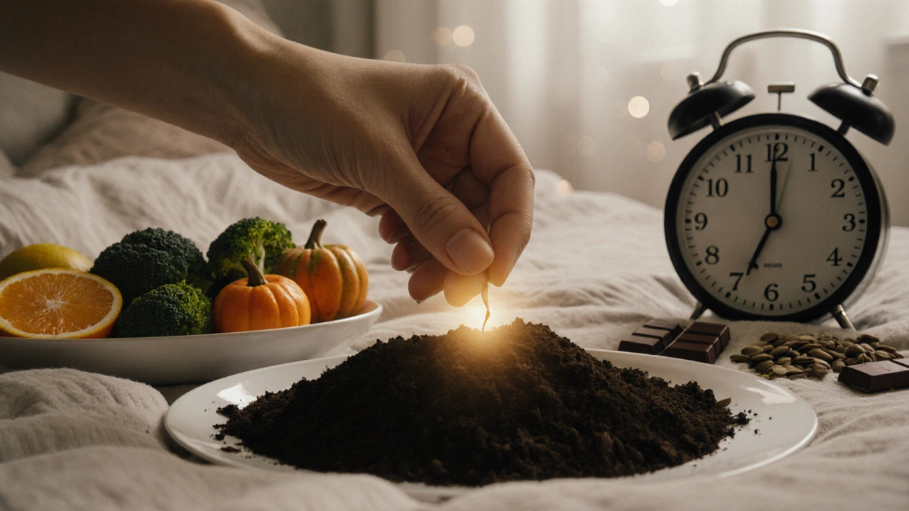 Ruka síje semínko do půdy, vedle ní potraviny podporující plodnost.