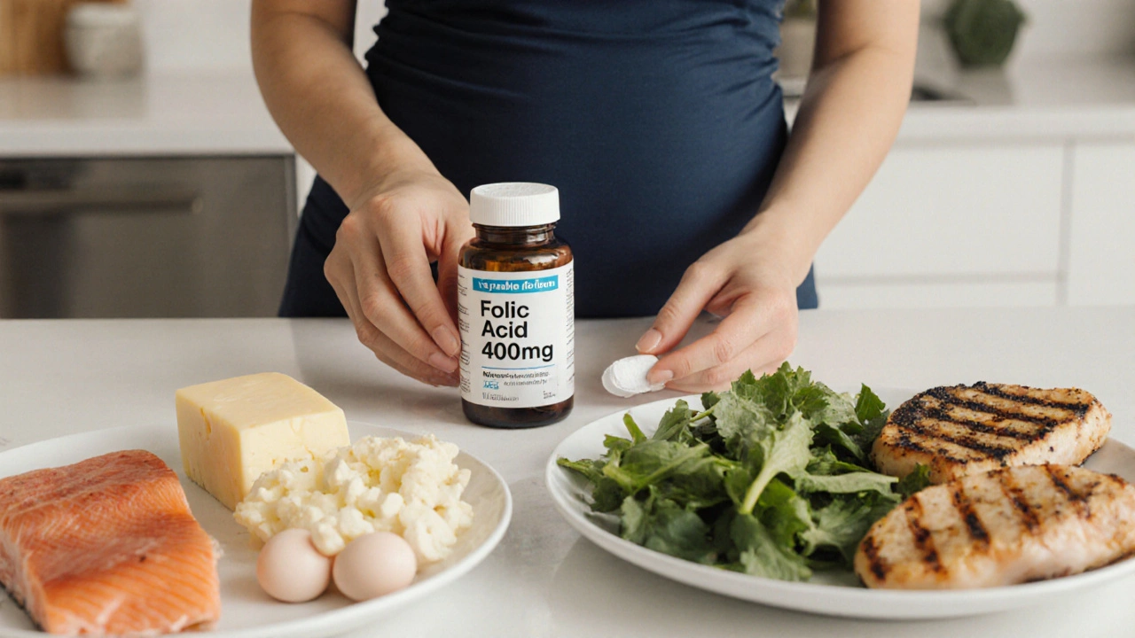 Ruka těhotné ženy klade tabletku kyseliny listové vedle bezpečných potravin, vyhýbá se syrovým výrobkům.
