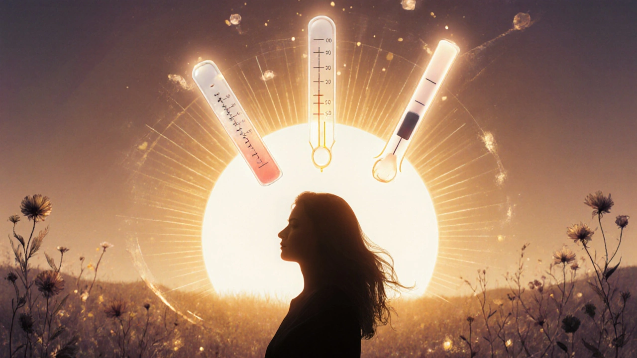 Silueta ženy s třemi symboly plodnosti: sliz, teplota a test, zářící v záři slunce.