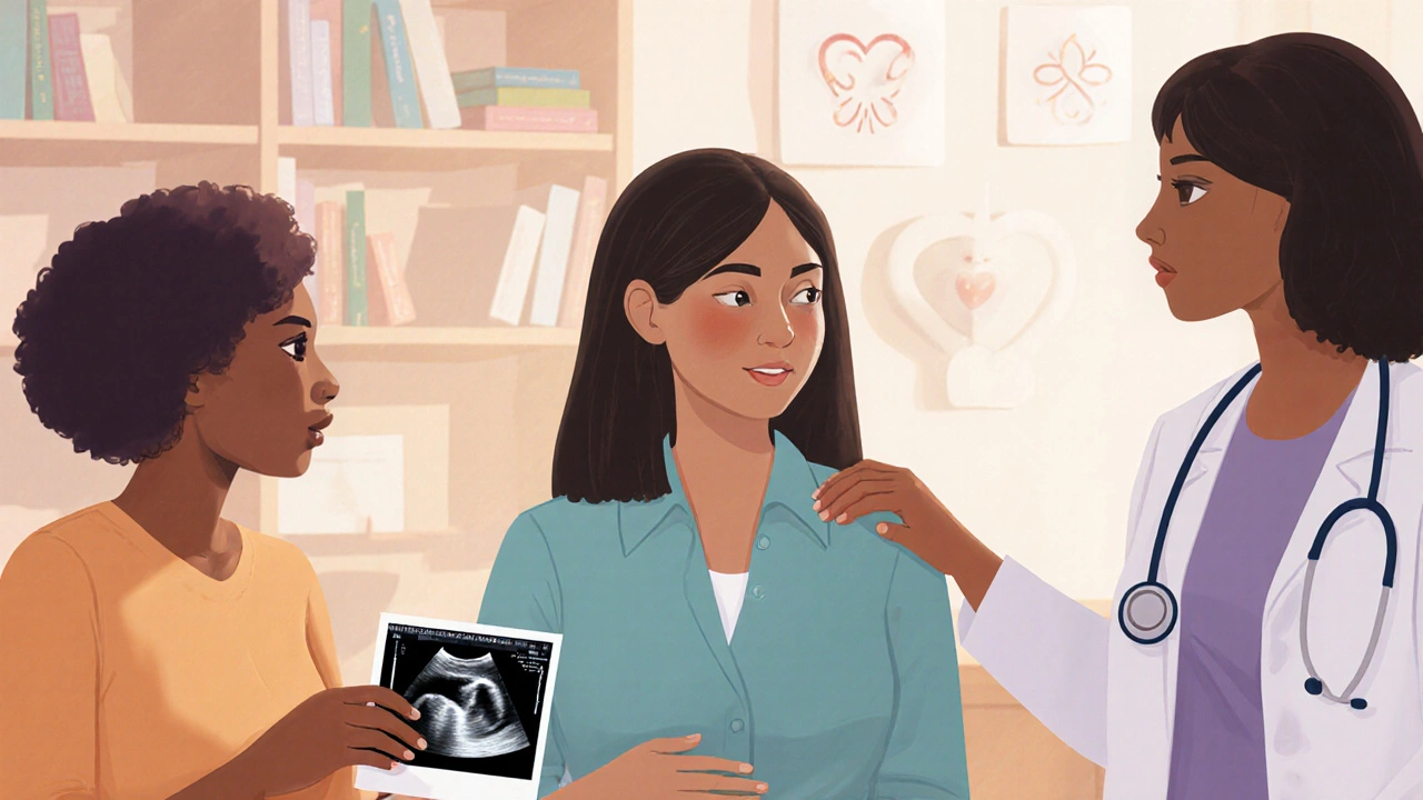 Skupina těhotných žen v podpůrném prostředí s gynekologem a poradkyní, jedna drží ultrazvukový obrázek.