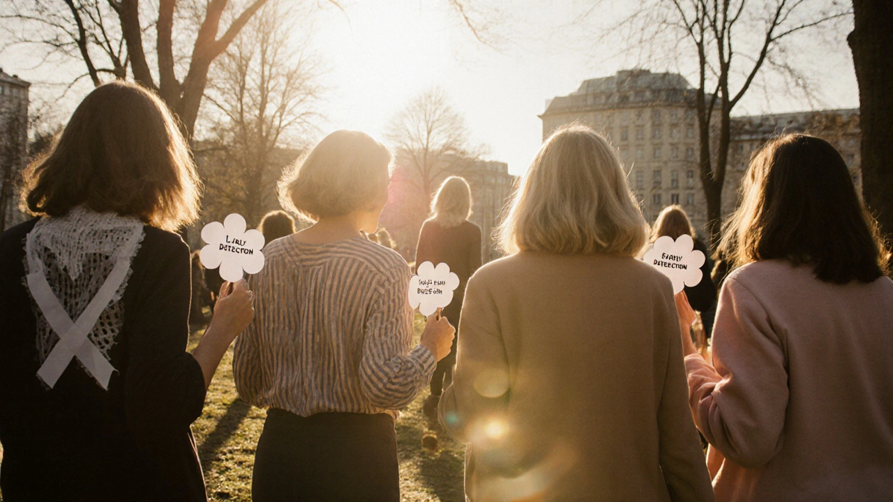 Skupina žen v parku drží bílé květiny jako symbol včasné detekce.