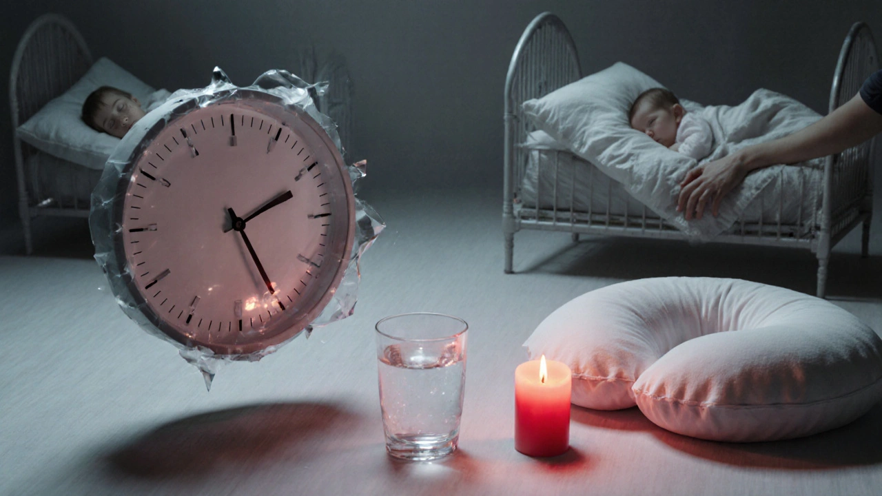 Symbolická scéna s hodinami, polštáři a červenou svíčkou, znázorňující přerušovaný spánek nové mámy.