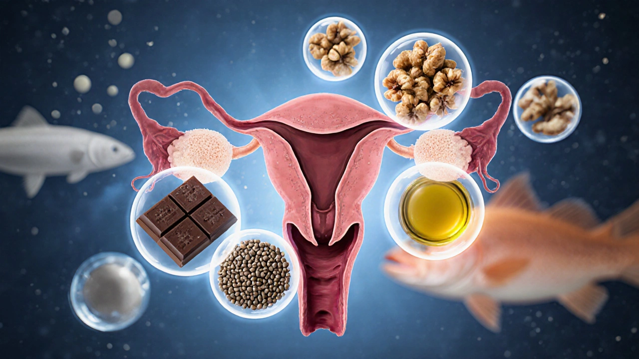 Symbolický obraz vaječníku a varlat obklopených zdravými potravinami, zatímco škodlivé látky mizí.