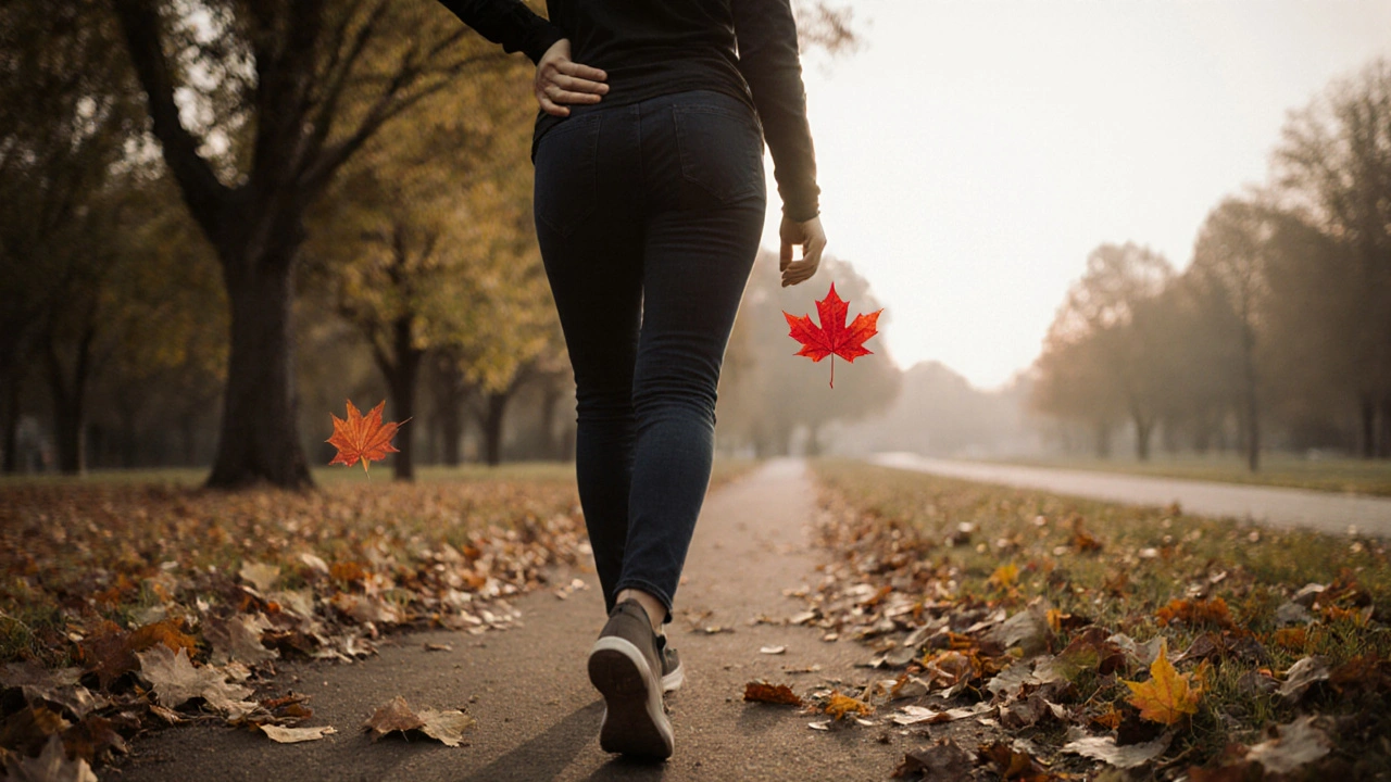 Těhotná žena kráčí v parku s širším krokem, listy kolem nohou, příprava na porod.