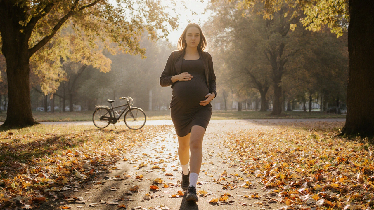 Těhotná žena prochází parkem v podzimním dni.