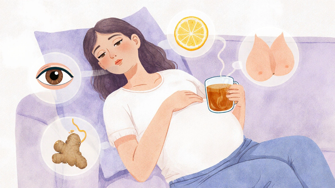 Těhotná žena si pije zázvorový čaj na pohovce, kolem ní se objevují symboly těhotenských příznaků.