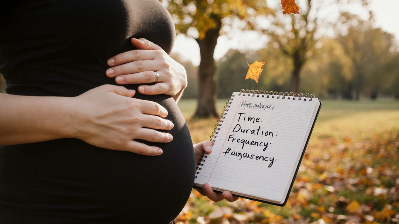 Těhotná žena v zahradě si zapisuje příznaky ztvrdnutí břicha, listy padají kolem ní, přirozené světlo.