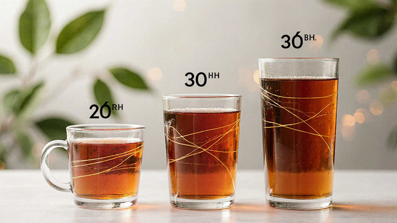 Tři šálky čaje z maliníku označené podle týdne těhotenství.