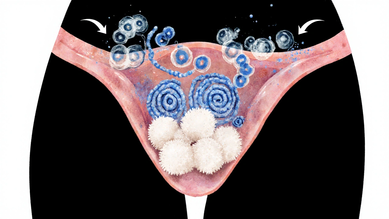 Umělecký náčrt pochvy s prospěšnými bakteriemi a kvasinkami v rovnováze.