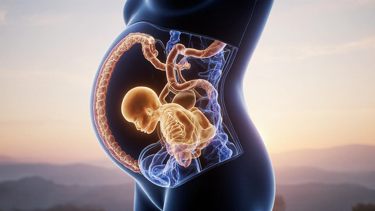 Vnitřní anatomický pohled na sestup hlavy plodu do pánve během těhotenství.