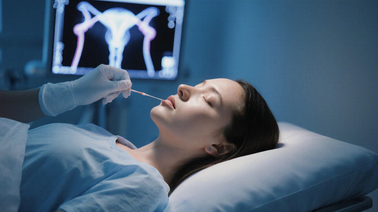 Žena během HSG vyšetření s kontrastní látkou proudící vejcovodami