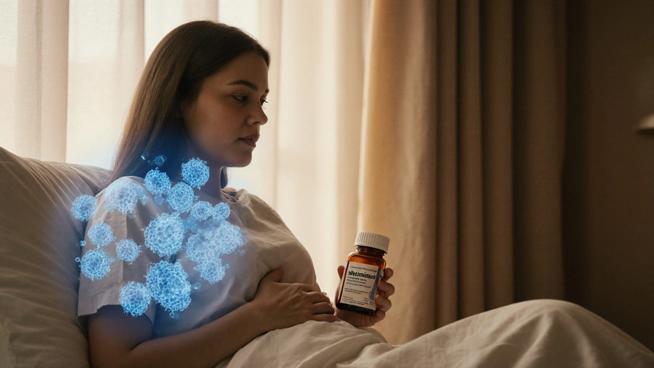 Žena drží lék na bakteriální vaginózu s představou obnovy mikrobiomu.