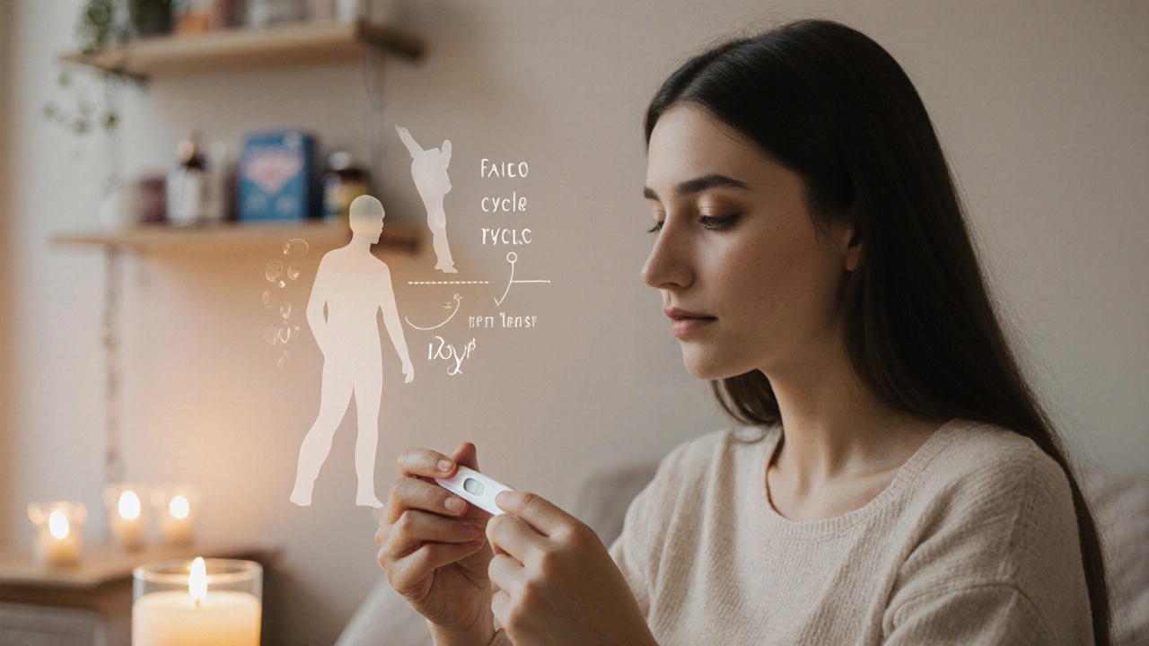 Žena drží pozitivní těhotenský test v klidné místnosti s jemným osvětlením.